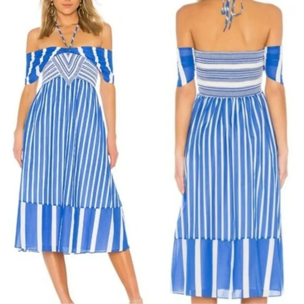 Tanya Taylor Celina Smocked Striped Midi Dress Size 6